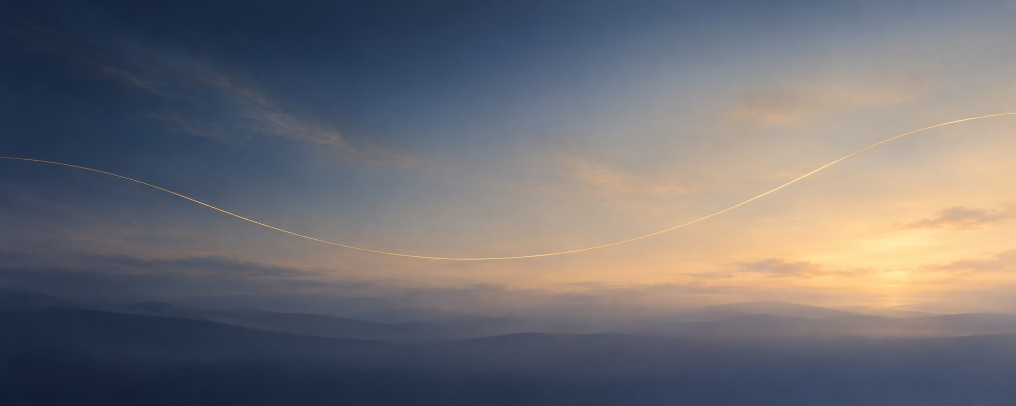 A thin golden thread curving through a soft twilight blue and cream sky