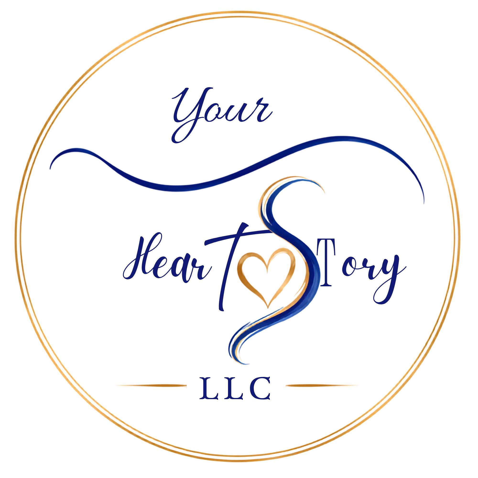 Your Heart Story LLC logo: navy script lettering with a gold heart inside the S, inside a thin gold circle